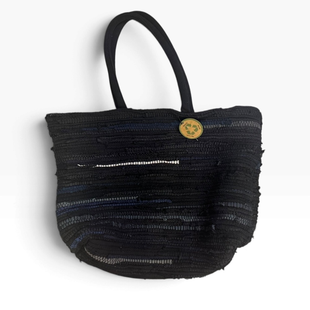 Recycled Woven Rag Tote Bag Black Navy Sustainable Eco Friendly Shoulder Bag